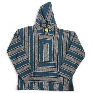 Vintage Frank’s Textiles Mexican Baja Hoodie XL Blue Striped Jerga Pullover